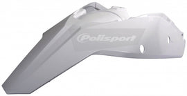 Polisport Plastics white rear fender and side panels for motorcycle, durable plastic construction, shown with mounting details.