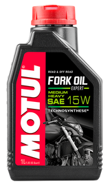 Motul Expert Fork Oil 15w 1L bottle, automotive chemicals for motorcycle suspension maintenance.
