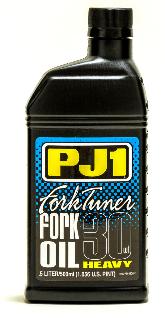 PJ1 Products Fork Tuner Oil 30w 0.5L bottle, motorcycle fork oil container, black cap and label, for suspension maintenance.