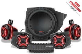 SSV Works 5 speaker kit for Polaris Ride Command, featuring phase EQ system, installed on a vehicle dashboard with speakers visible.