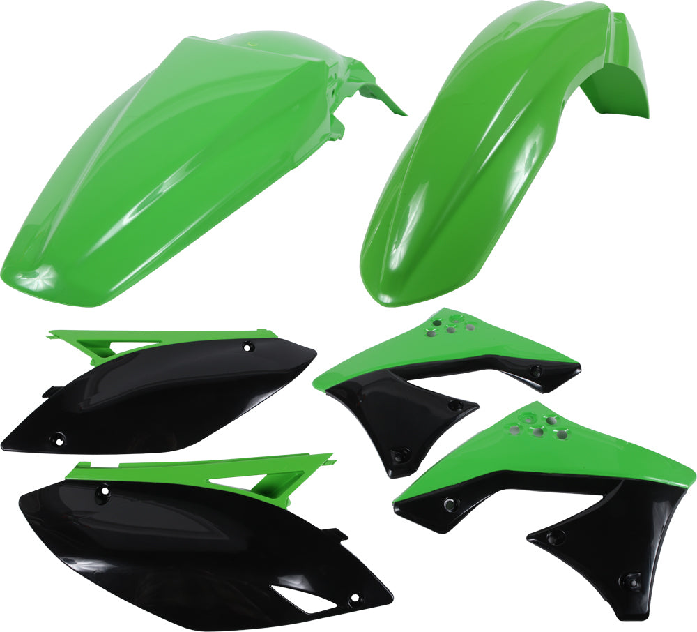 Acerbis green plastic kit for motorcycle, includes various custom-fit plastic parts, in a detailed close-up view.