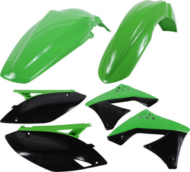 Acerbis green plastic kit for motorcycle, includes various custom-fit plastic parts, in a detailed close-up view.