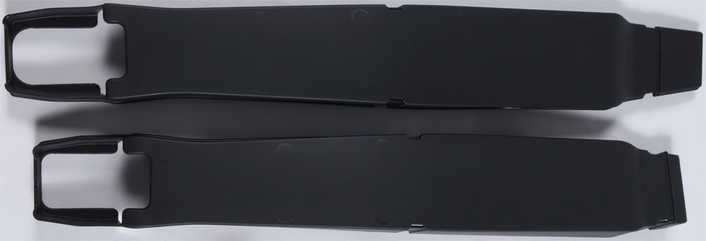 Polisport Plastics black swingarm protectors for motorcycle, featuring durable plastic protection and branding details.