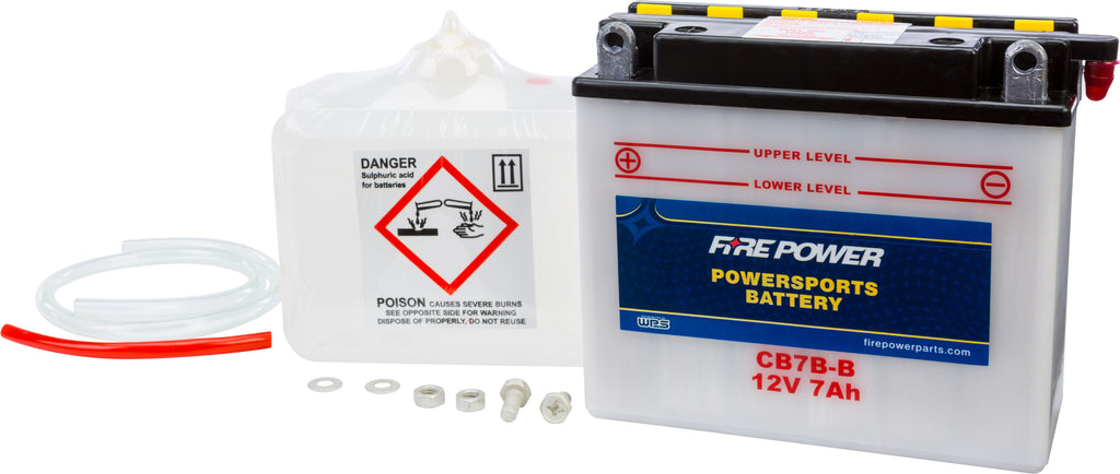 Fire Power 12V heavy-duty automotive battery CB7B-B with acid, showing battery terminals and label details