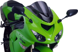 PUIG Racing Dark Smoke Windscreen for motorcycle windshield, featuring a sleek dark tinted design and aerodynamic shape.