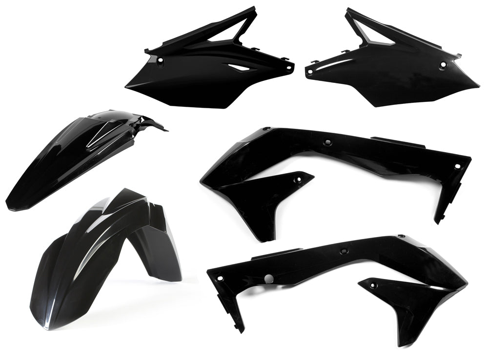Acerbis black plastic kit with various molded plastic parts, suitable for motorcycle or ATV repair and customization.
