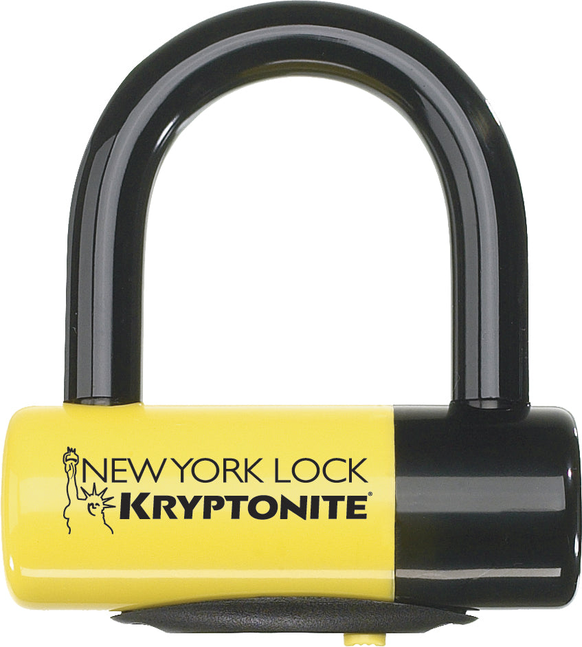 Kryptonite Locks New York Disc Lock in black and yellow with keyhole and locking mechanism, for bicycle or motorcycle security.