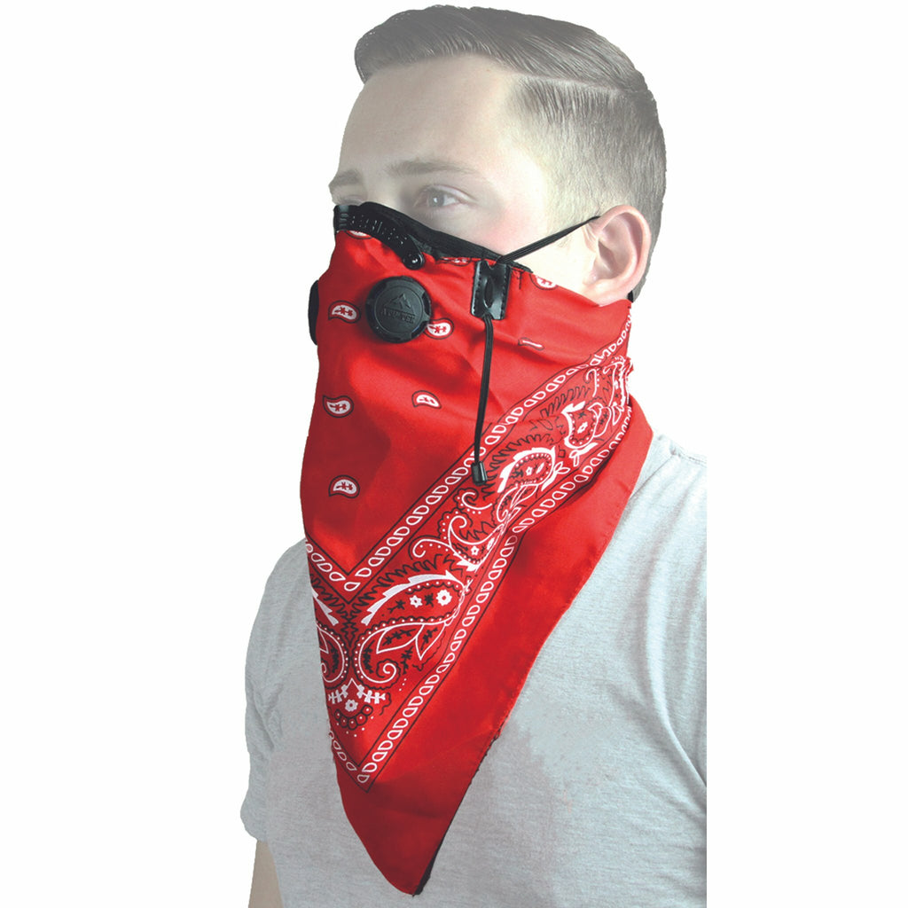 Red ATV-TEK dust mask bandanna with adjustable fit, featuring breathable fabric and versatile headwear design.