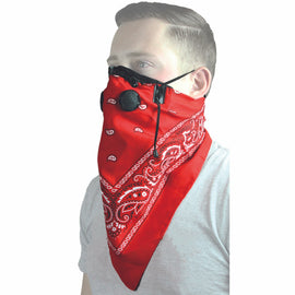 Red ATV-TEK dust mask bandanna with adjustable fit, featuring breathable fabric and versatile headwear design.