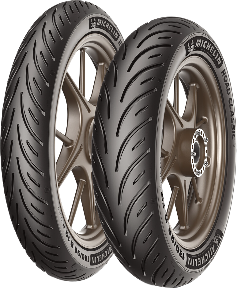 Michelin Road Classic Front tire 100/90-18 56V bias tire with tread pattern for motorcycle front wheel.