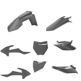 Polisport Plastics grey plastic body kit for KTM SX85 motocross bike, includes various body panels and protective covers.