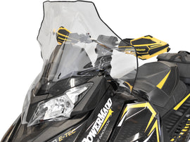 Powermadd Cobra windshield with tall clear and black accents, 19-inch size for S-D Xs/Xm models, rugged motorcycle windscreen