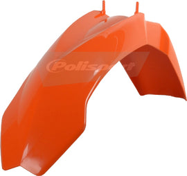 Orange Polisport Plastics front fender for off-road bikes, featuring a sleek design and durable plastic construction.
