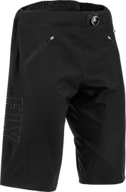 Fly Racing Radium Shorts in black, size 28, shown on a model with detailed view of the lightweight, durable riding apparel.