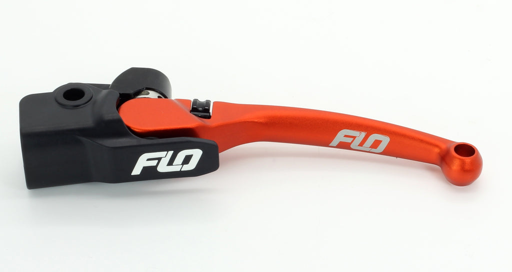 Flo Motorsports Pro 160 orange clutch lever for motorcycles, showing the sleek, orange metal lever with mounting hardware.