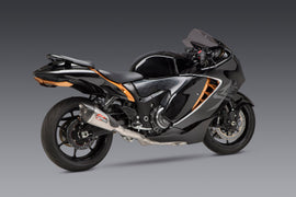 Yoshimura Exhaust At2 Race FS SS/Ss/Cf Works with polished metal finish and sleek exhaust pipe design.