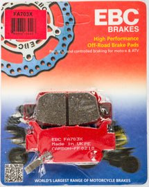 EBC Motorcycle Brakes Fa703x Carbon X Series brake pads showing black ceramic material and metal backing plate for motorcycle braking systems.