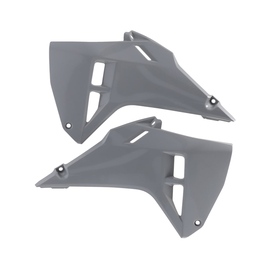 Acerbis radiator shroud for CRF motorcycle, gray body with vent openings, designed to protect and enhance cooling performance.