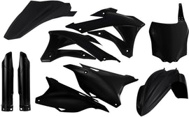 Acerbis full plastic kit in black, including various motorcycle fairing panels and components, assembled on a flat surface.
