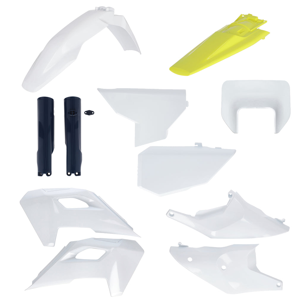 Acerbis plastic body kit for full motorcycle Hus model, black and white color, with detailed parts and branding visible.