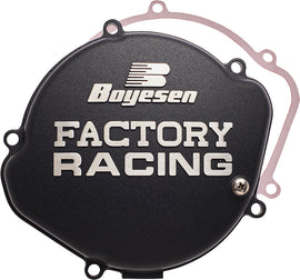 Boyesen Factory Racing Clutch Cover for engine, black metal design with Boyesen branding and detailed craftsmanship.