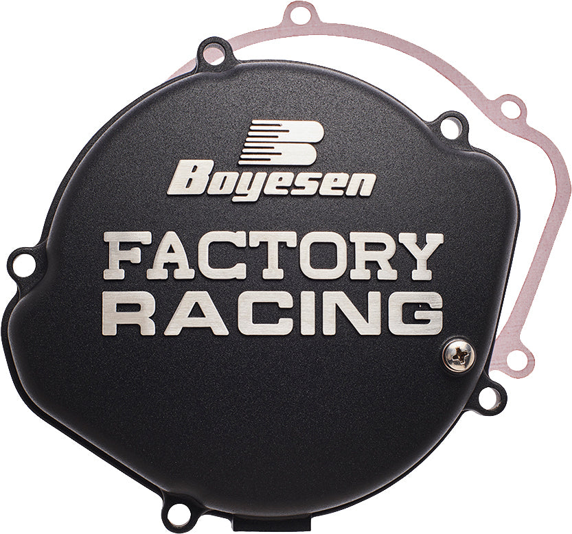 Boyesen Factory Racing Clutch Cover for engine, durable black metal design, fits compatible motorcycle or dirt bike models.
