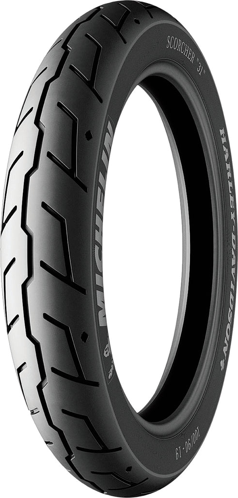 Michelin Tire Scorcher 31 front tire with 110/90b19 size and belted bias design, showing tread pattern and sidewall details.