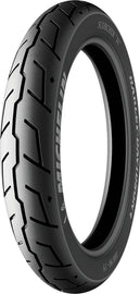 Michelin Tire Scorcher 31 front motorcycle tire, 110/90B19 belted bias, black rubber with tread pattern, sidewall details visible.