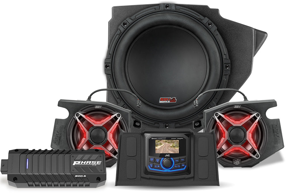SSV Works 3-speaker kit with JVC controller, showing compact audio system with speakers and control unit on a vehicle dashboard.