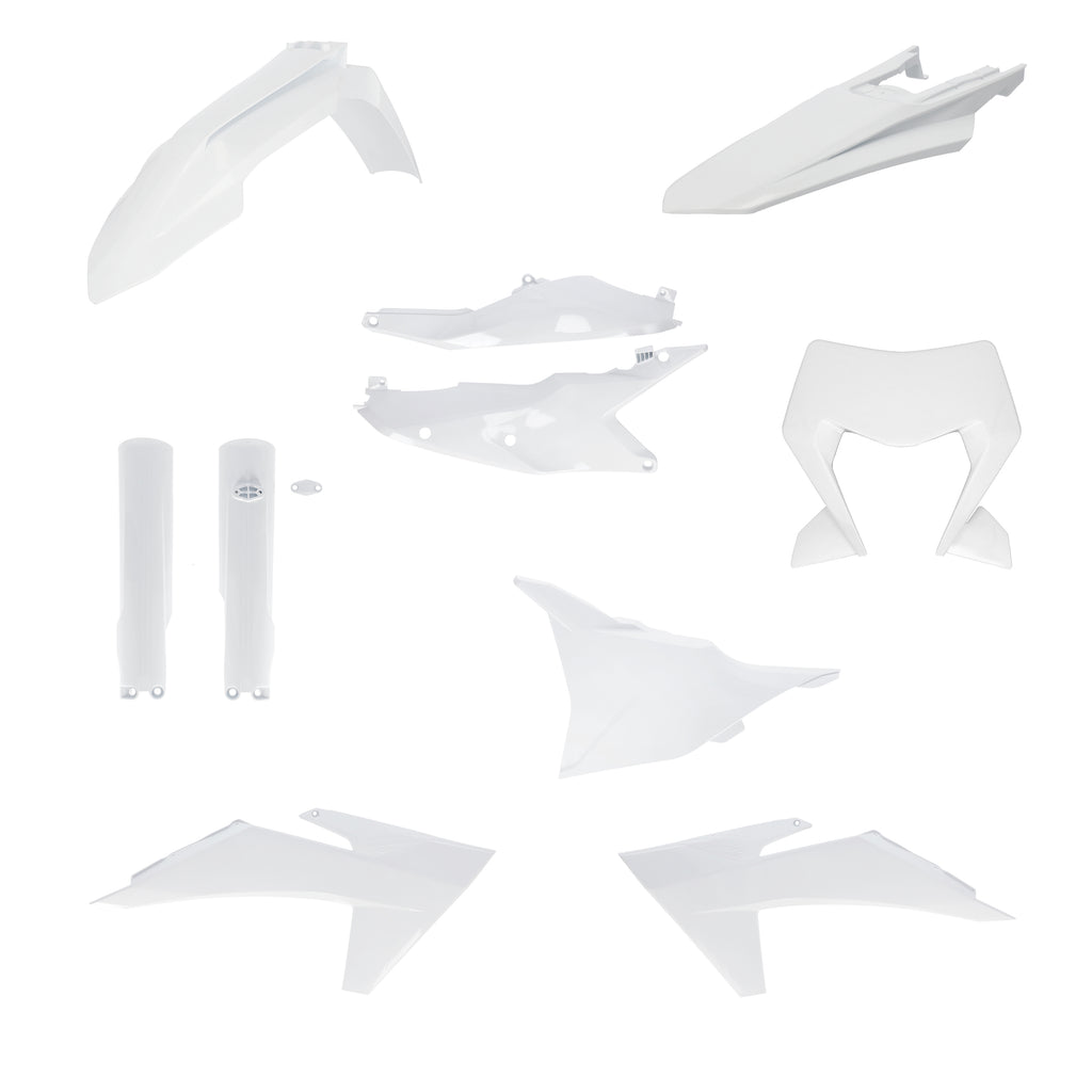 Acerbis full KTM white plastic body kit including front fender, side panels, and rear fender for KTM motorcycles.