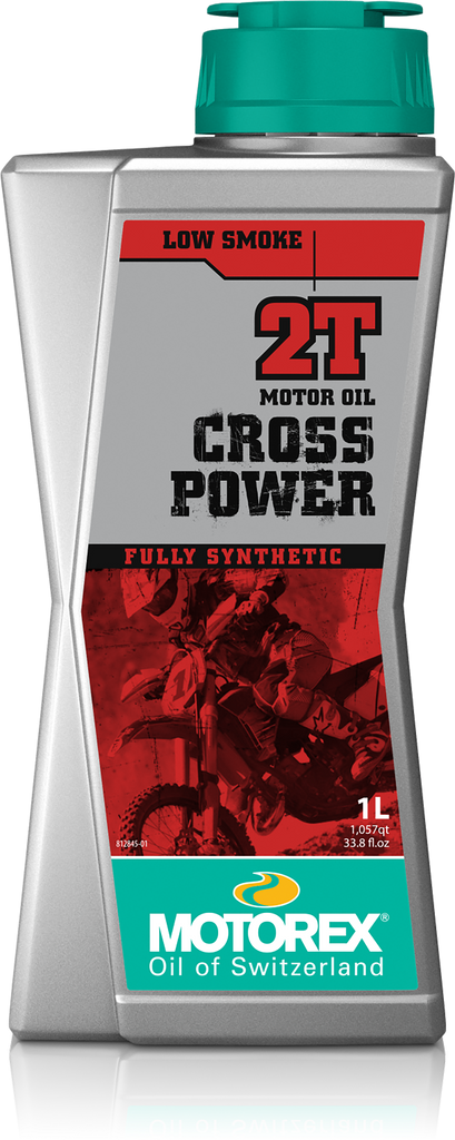 Motorex Cross Power 2T 1L motorcycle chain lubricant in a clear plastic bottle, used for 2-stroke engine maintenance.