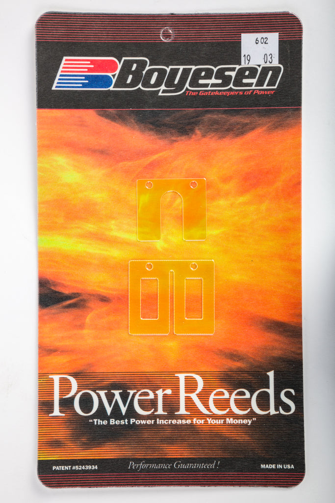 Boyesen motorcycle reeds for intake and carburetor system, black and metal construction, designed for performance and durability.