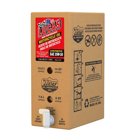 LUCAS High Performance Synthetic Engine Oil 4T 20W50 in a 6-gallon box, featuring a sleek container with brand logo.
