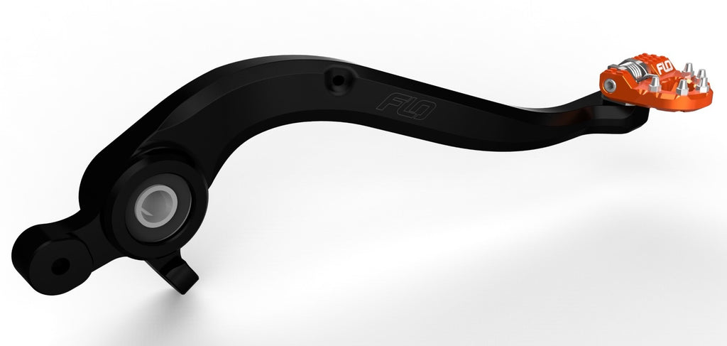 Orange Flo Motorsports folding tip brake pedal for motorcycles with a sturdy metal construction and folding design.
