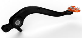 Orange Flo Motorsports folding tip brake pedals with textured surface for enhanced grip and durability.