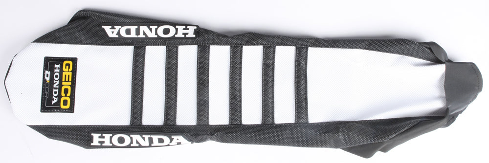DCOR Geico replica black and white seat cover with ribs, designed for automotive seats, featuring bold Geico logo pattern.