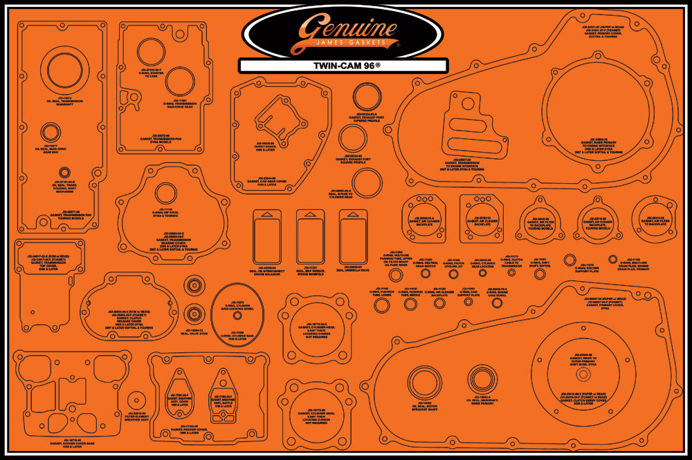 James Gasket gasket display board with various gaskets and seals, showcasing different sizes and types on a white background.