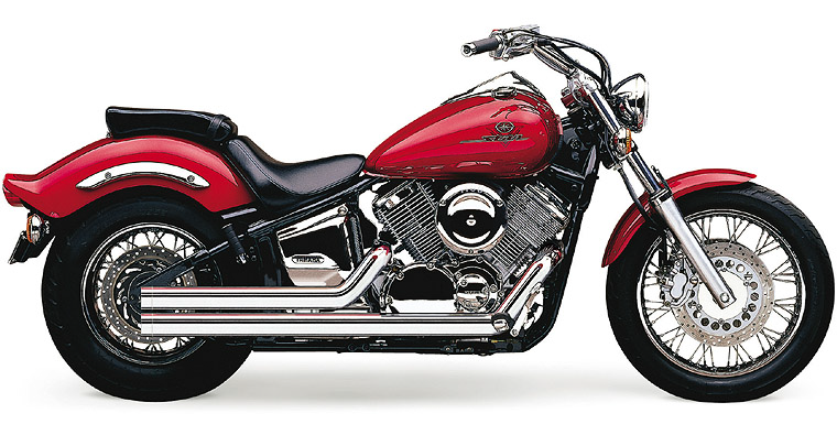 Cobra Speedster Shorts II exhaust for Yamaha V-Star 1100 1999-2009, chrome motorcycle exhaust system viewed from side angle.