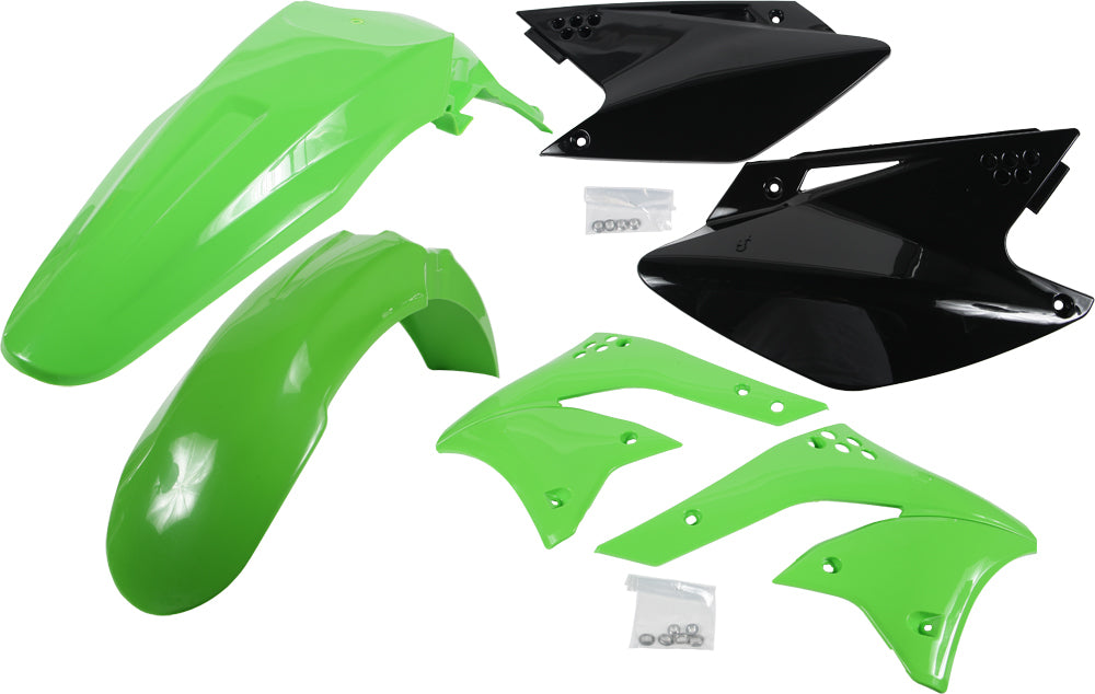 Acerbis green plastic kit for motorcycle, includes various panels and parts, designed for durable bike customization.