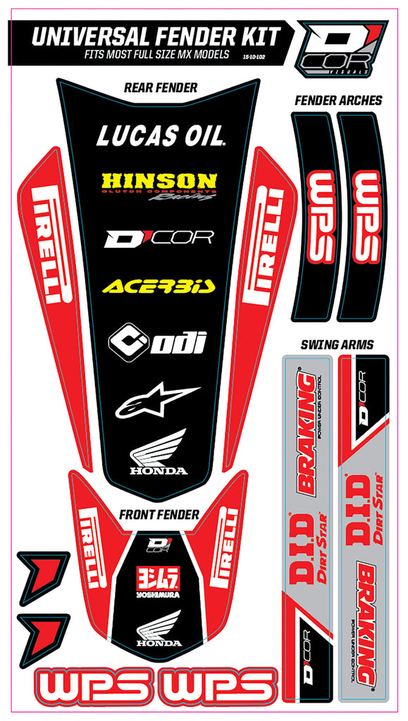 Red DCOR trim kit graphics and decals for full size motorcycles, featuring bold design elements and branding details.