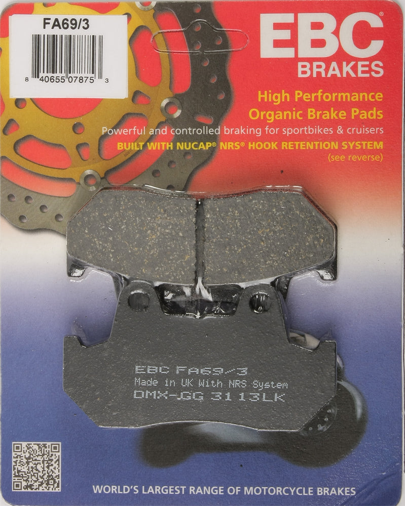 EBC Motorcycle Brakes Fa69/3 Organic Brake Pads showing the black brake pad with metal backing and product labeling.