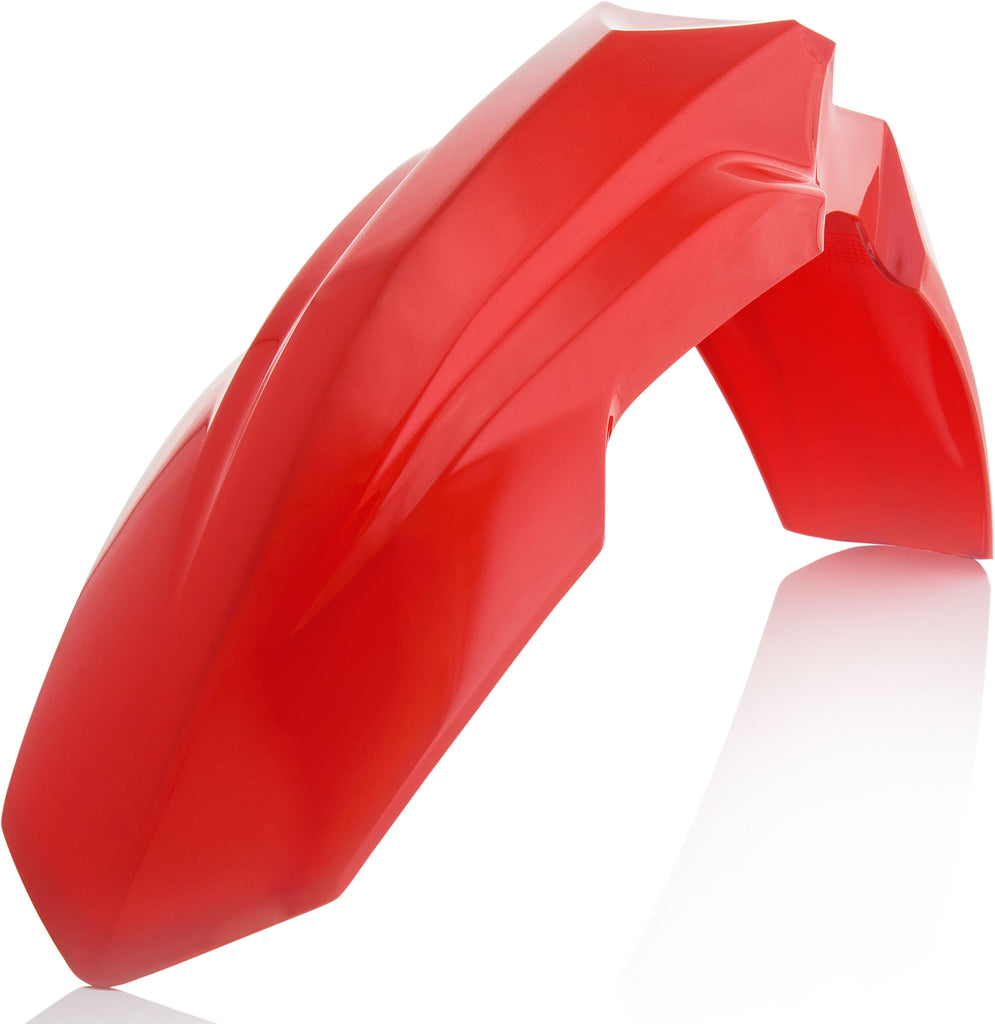 Red Acerbis front fender for Honda CRF250 motorcycle, shown installed with mounting hardware and detailed close-up view.