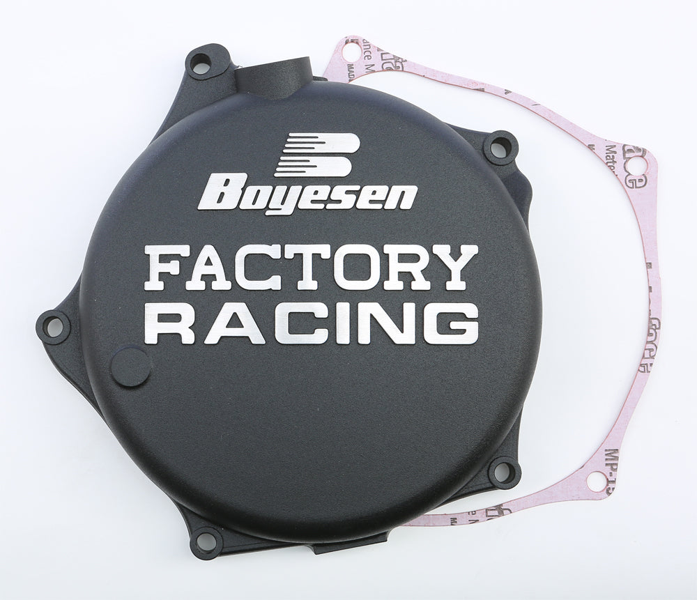 Boyesen Factory Racing Clutch Cover in black for motorcycles, featuring a sleek design and durable construction.