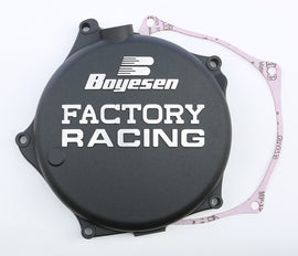 Boyesen Factory Racing Clutch Cover in black for motorcycles, featuring a sleek design and durable construction.