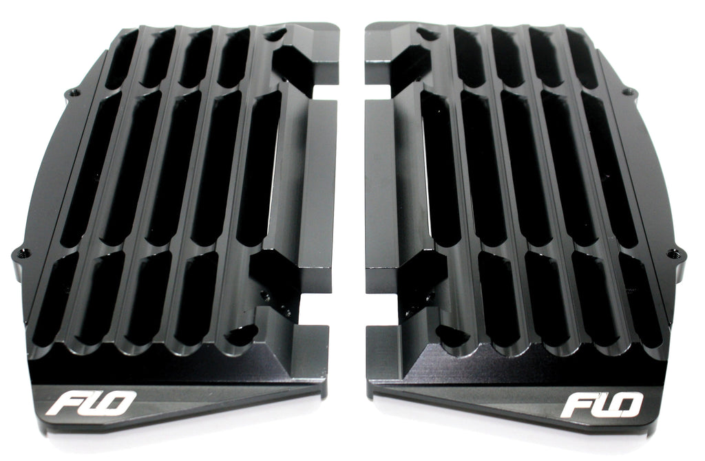 Flo Motorsports high flow radiator braces in black, designed for enhanced cooling and support in automotive applications.