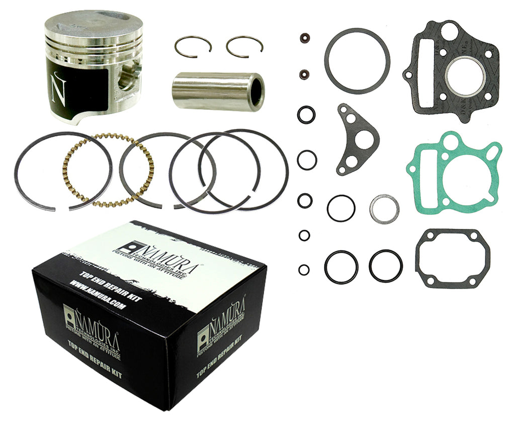 Namura Top End Kit Flat Top 40.5mm piston with +1.50mm ring gap for Honda 185-10516, includes piston components and hardware.