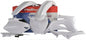 Polisport Plastics white plastic body kit for motorcycle, showing sleek, durable panels with smooth contours and mounting points.