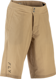 Fly Racing Maverik Khaki Shorts size 32 displayed with front and back view, showcasing casual design and fabric details.