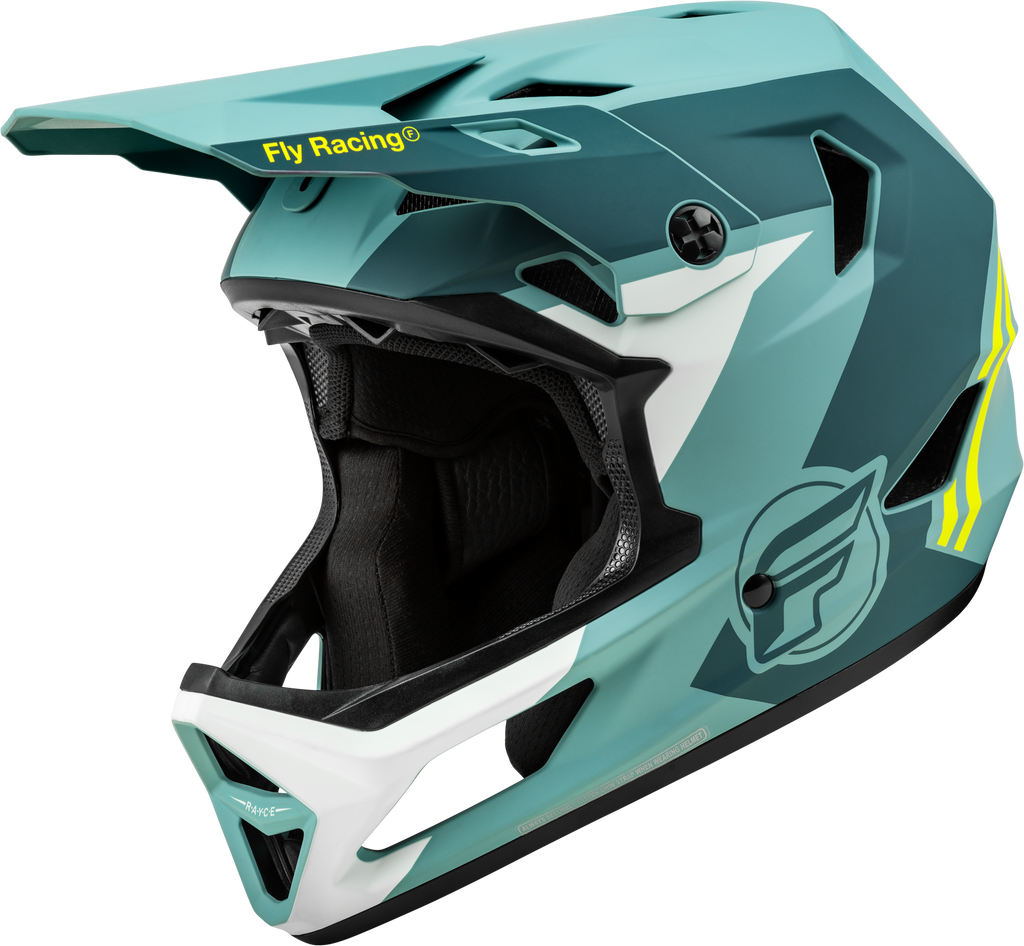 Fly Racing Youth Rayce bicycle helmet in matte blue stone and hi-vis, with aerodynamic design and adjustable straps.