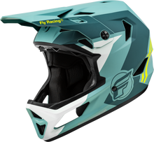 Load image into Gallery viewer, Fly Racing Youth Rayce bicycle helmet in matte blue stone and hi-vis, with aerodynamic design and adjustable straps.